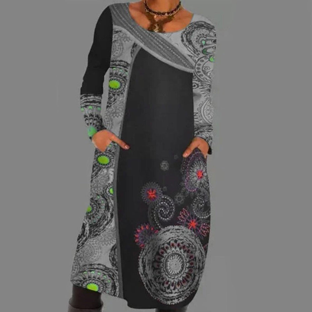 Vintage Print Pullover Kleid Mit Taschen