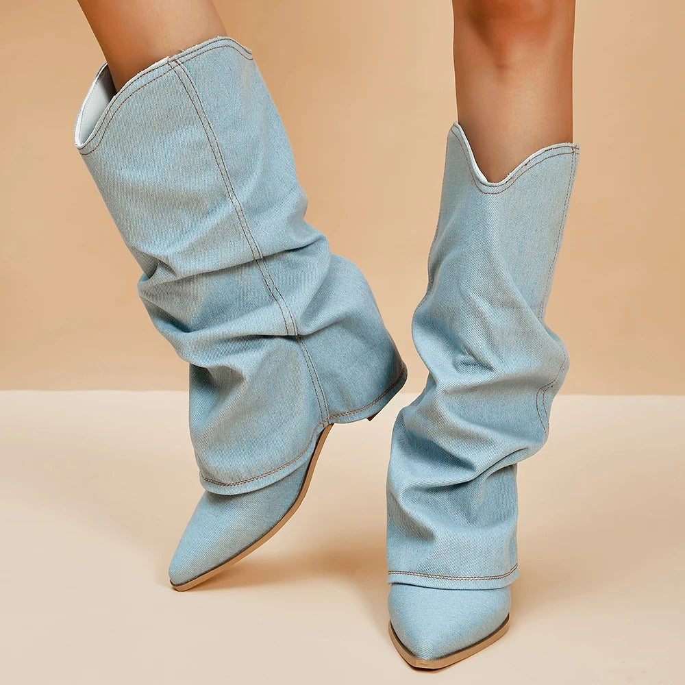 Denim-Stiefel für Frauen mit Blockabsätzen